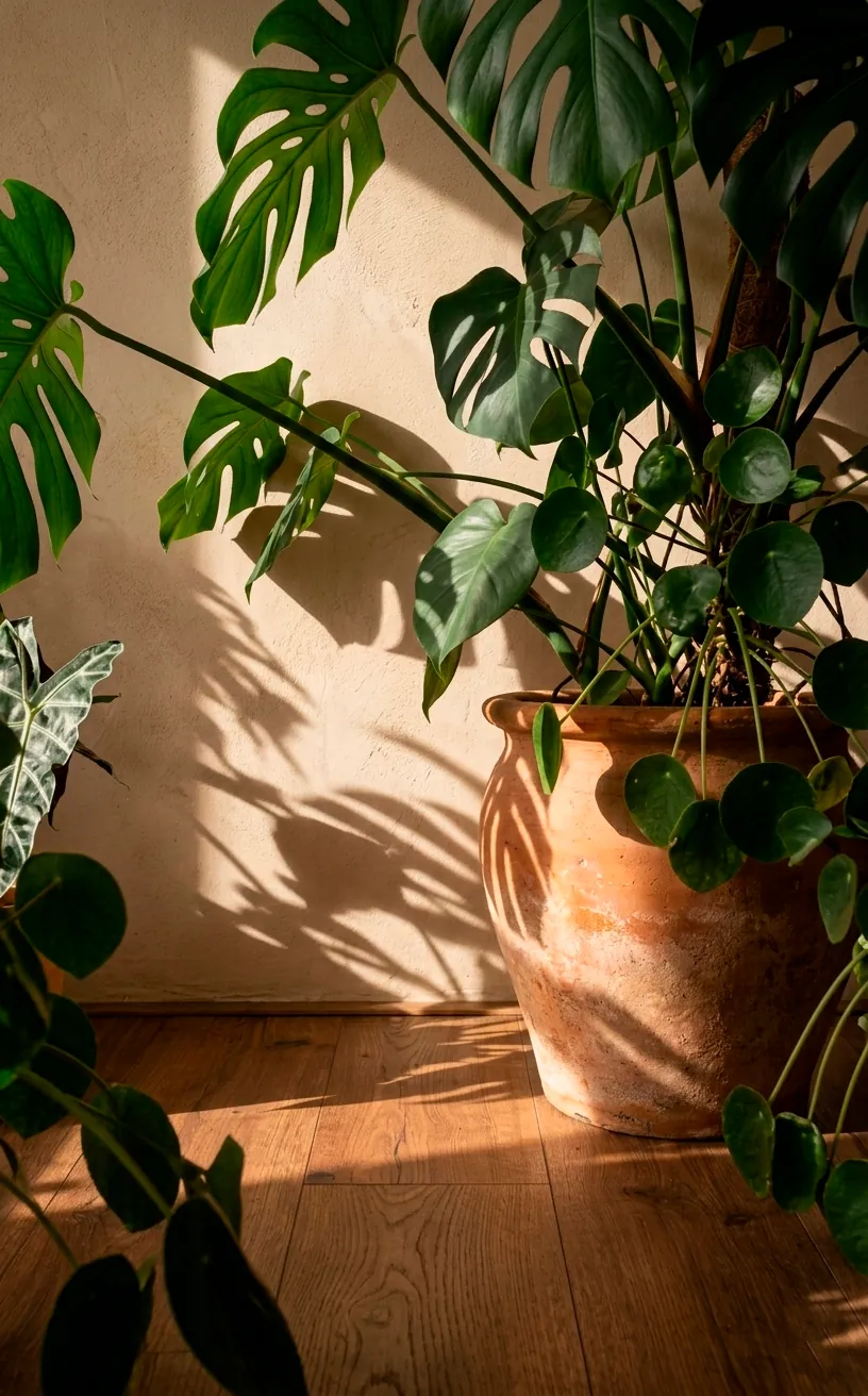 Sunlight hitting green plant leaves in a terracotta pot against a neutral wall.