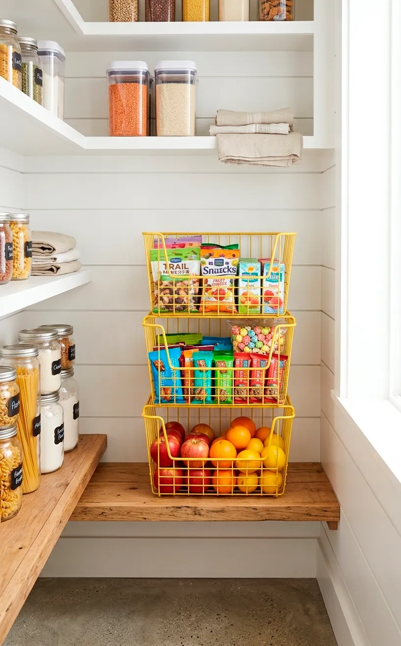 Sunshine yellow wire baskets filled with snacks on a wooden pantry shelf.