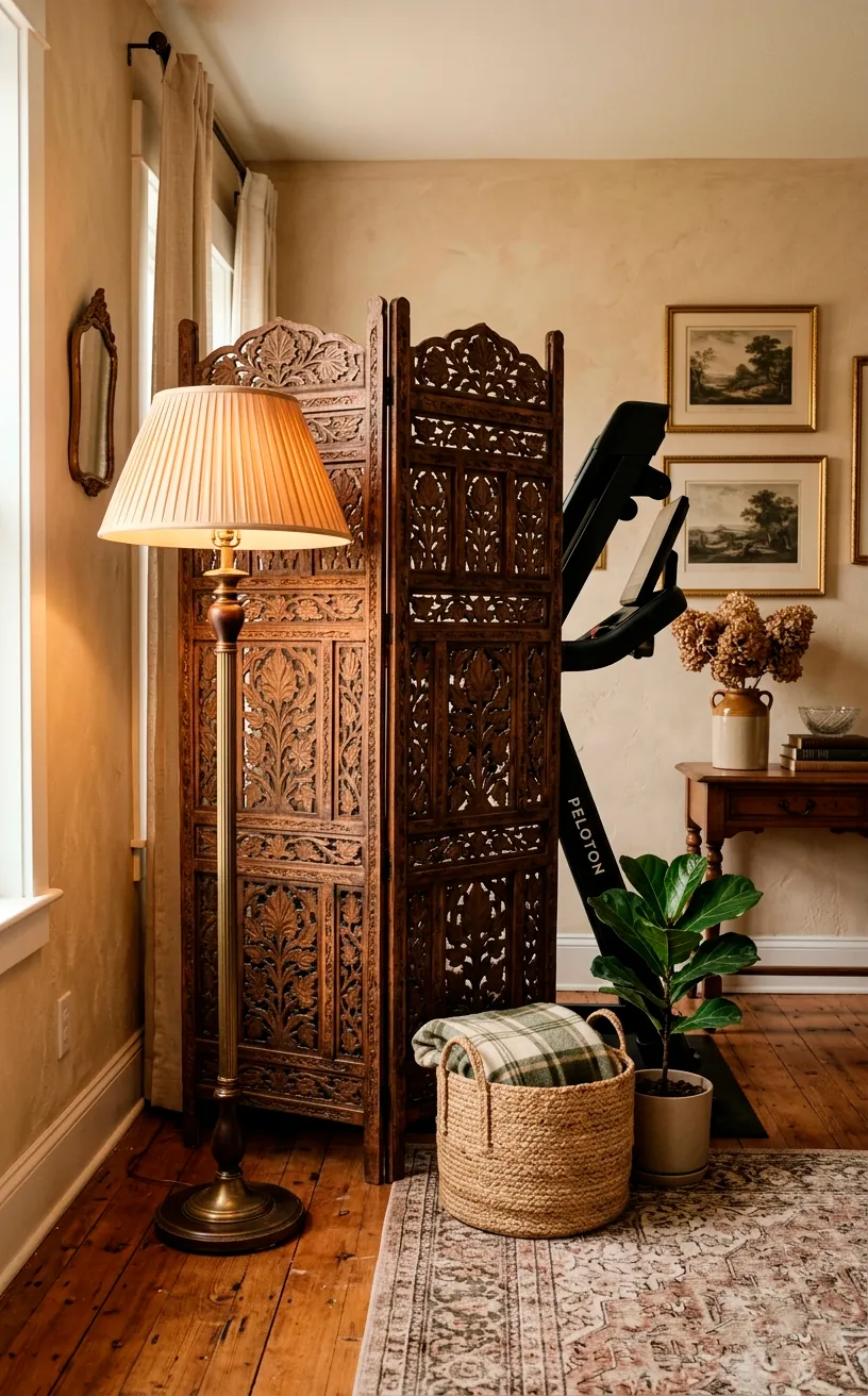 Vintage carved wood room divider partially hiding a modern treadmill in a living room.