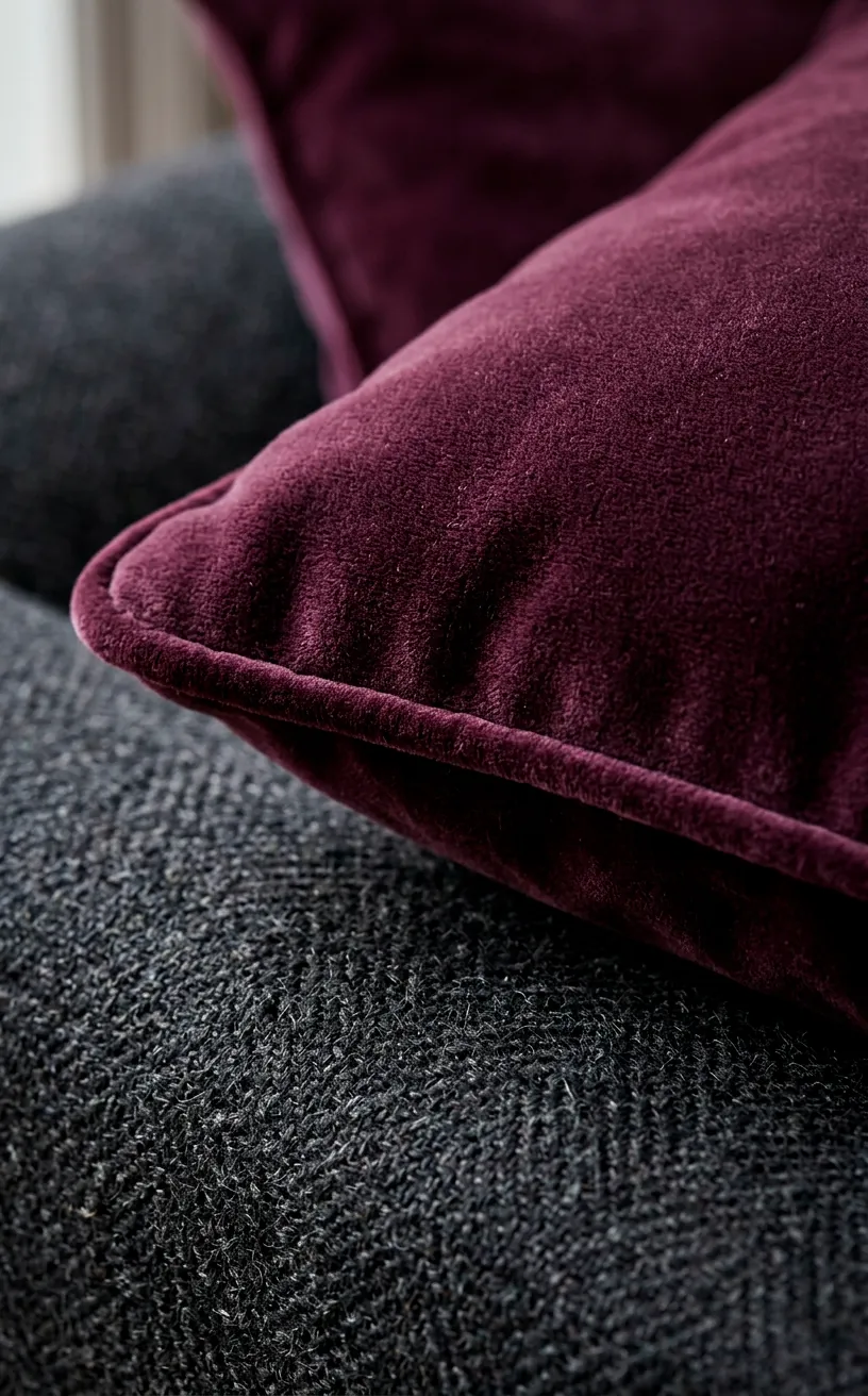 Detailed texture of plum velvet and charcoal wool fabrics.