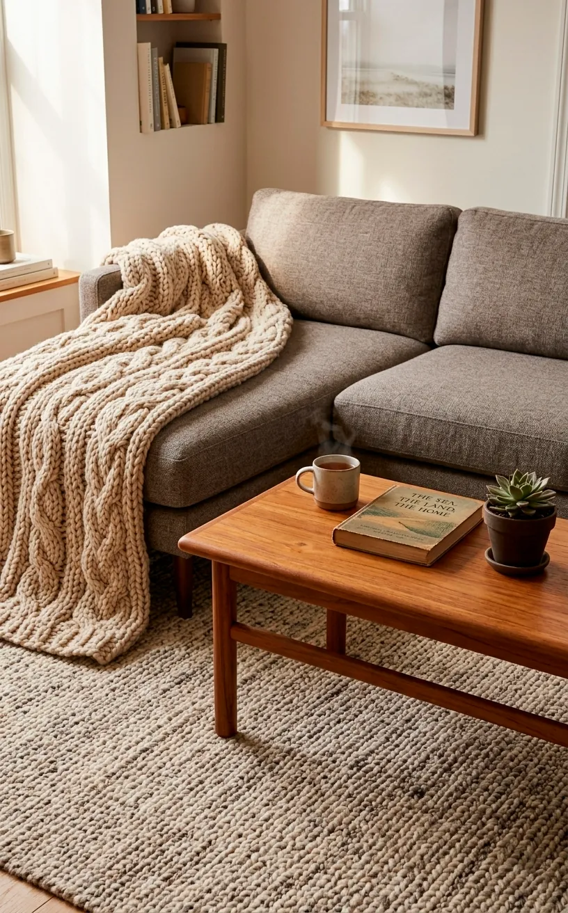 Chunky knit throw and wool rug contrasting with a smooth teak coffee table.