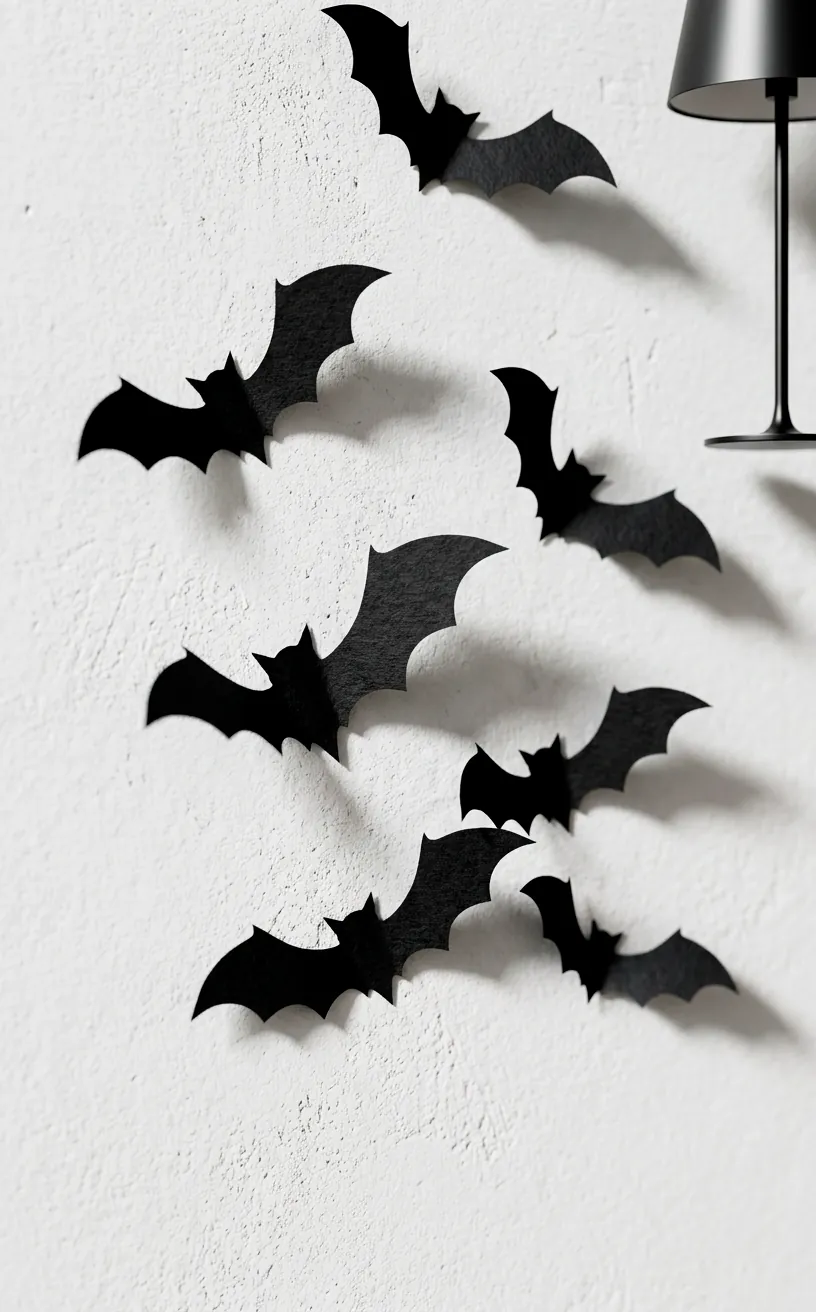 Close up of matte black paper bat stickers on a white wall with soft shadows