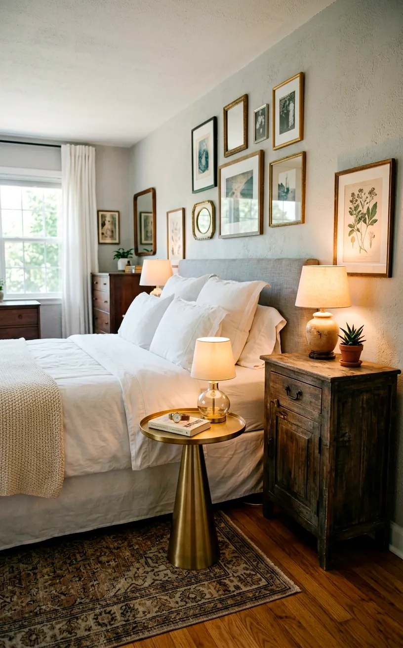 Eclectic bedroom design featuring mismatched nightstands and white bedding.