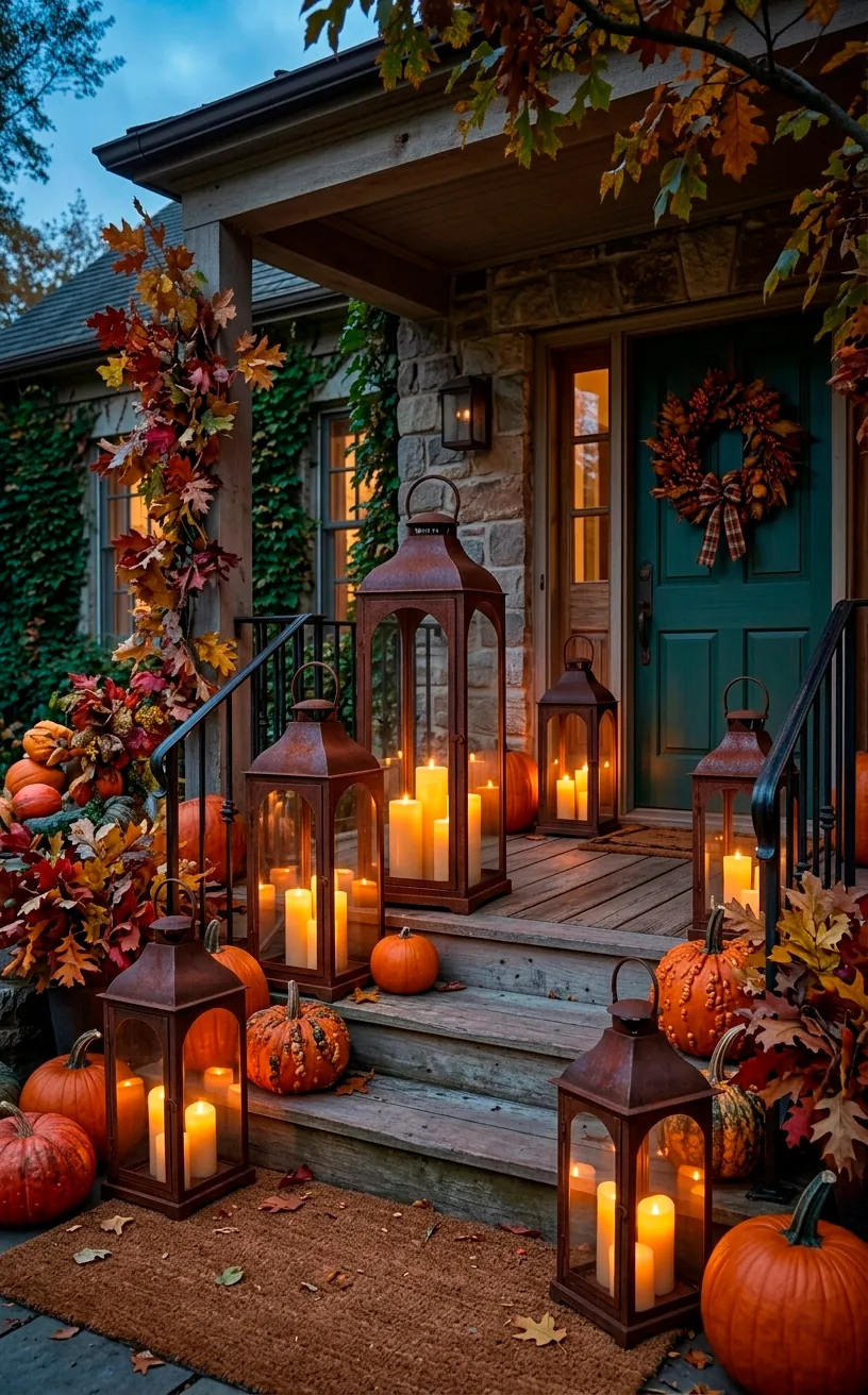 Large rusty iron lanterns with glowing candles on a fall-decorated porch.