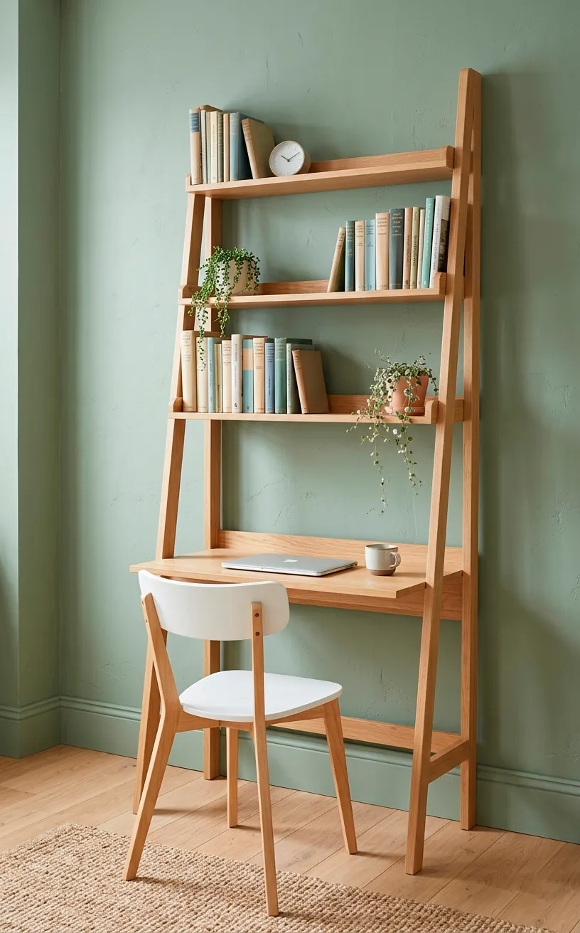 Scandinavian oak ladder desk with shelves leaning against a sage green wall in a bright room.