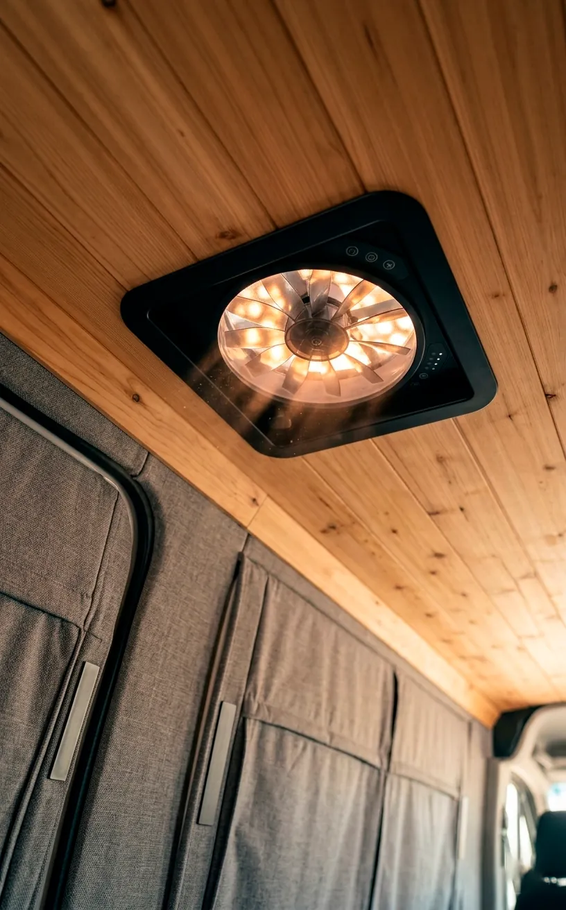 Van ceiling fan and insulated window covers for temperature control.