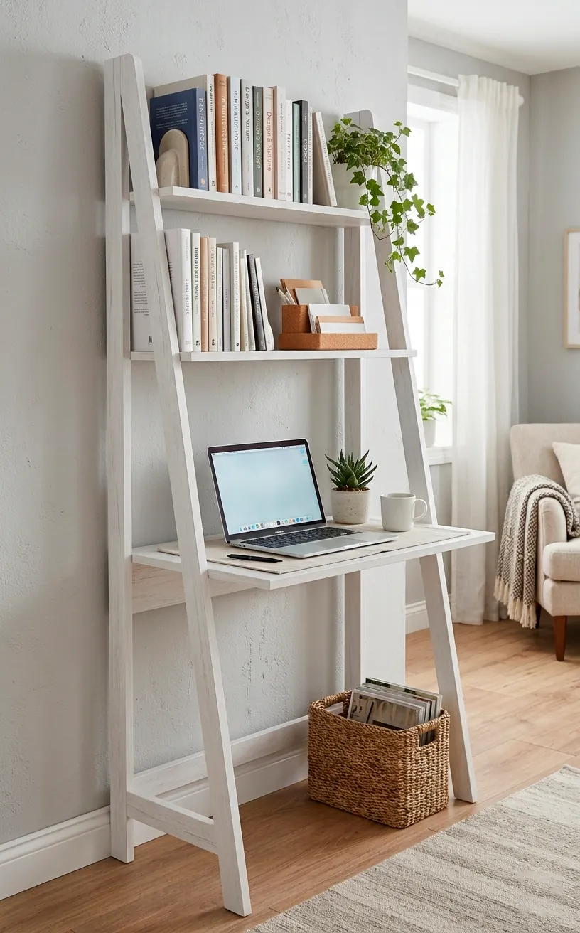A white Scandinavian ladder desk with shelves holding books and office supplies.