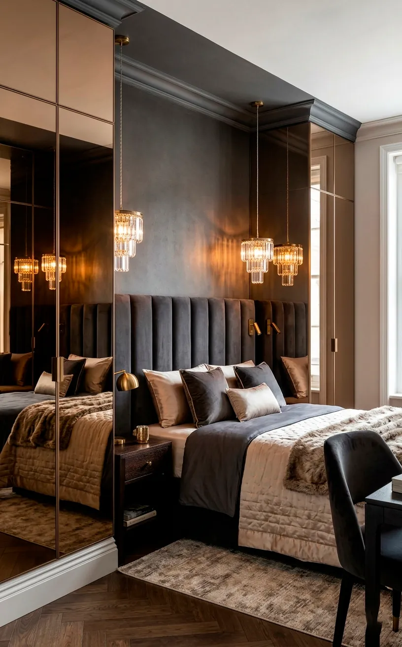 Bedroom with bronze tinted mirrored wall panels and crystal pendant lights.