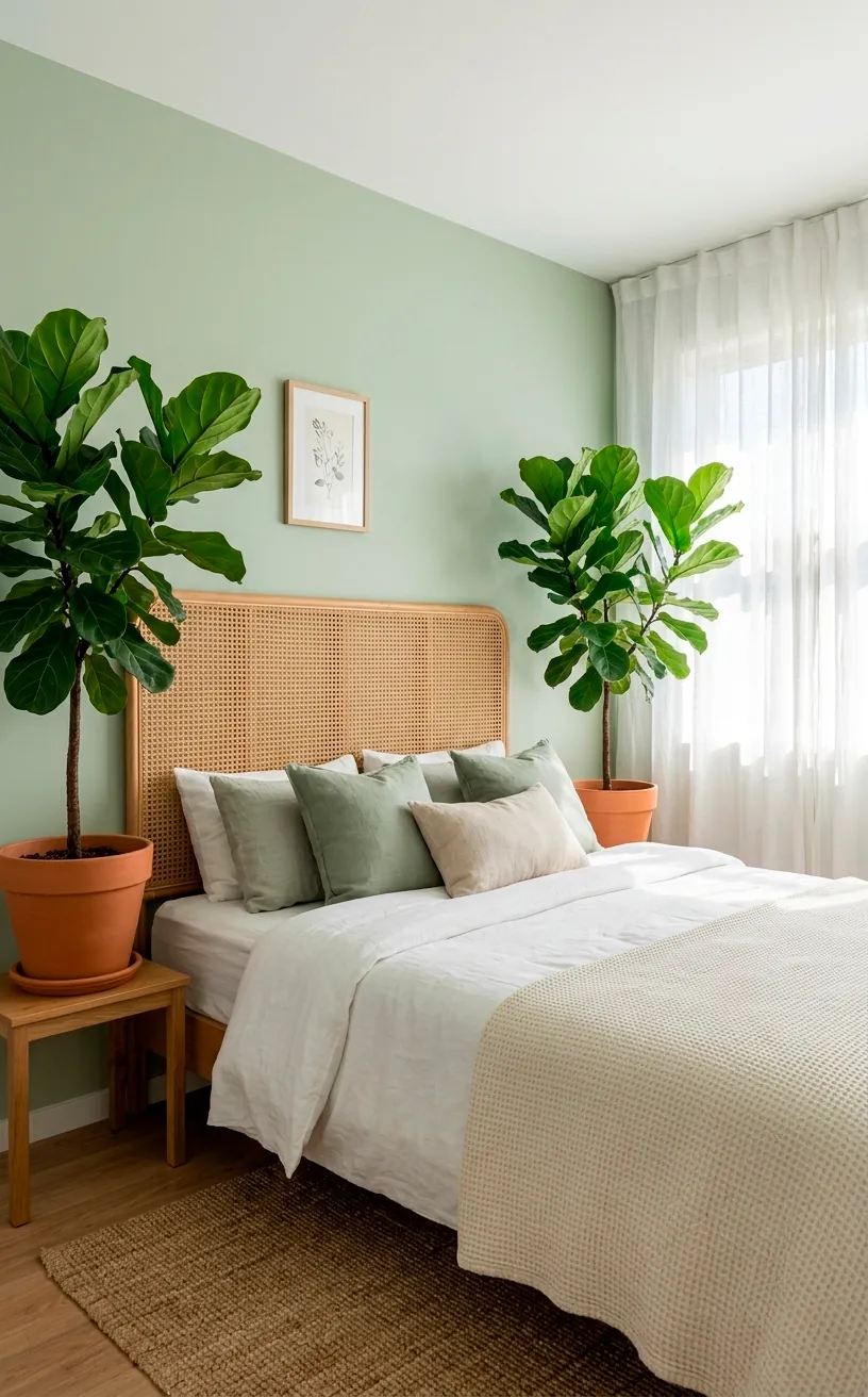 Boho bedroom featuring a rattan headboard surrounded by large indoor plants and sage green walls.