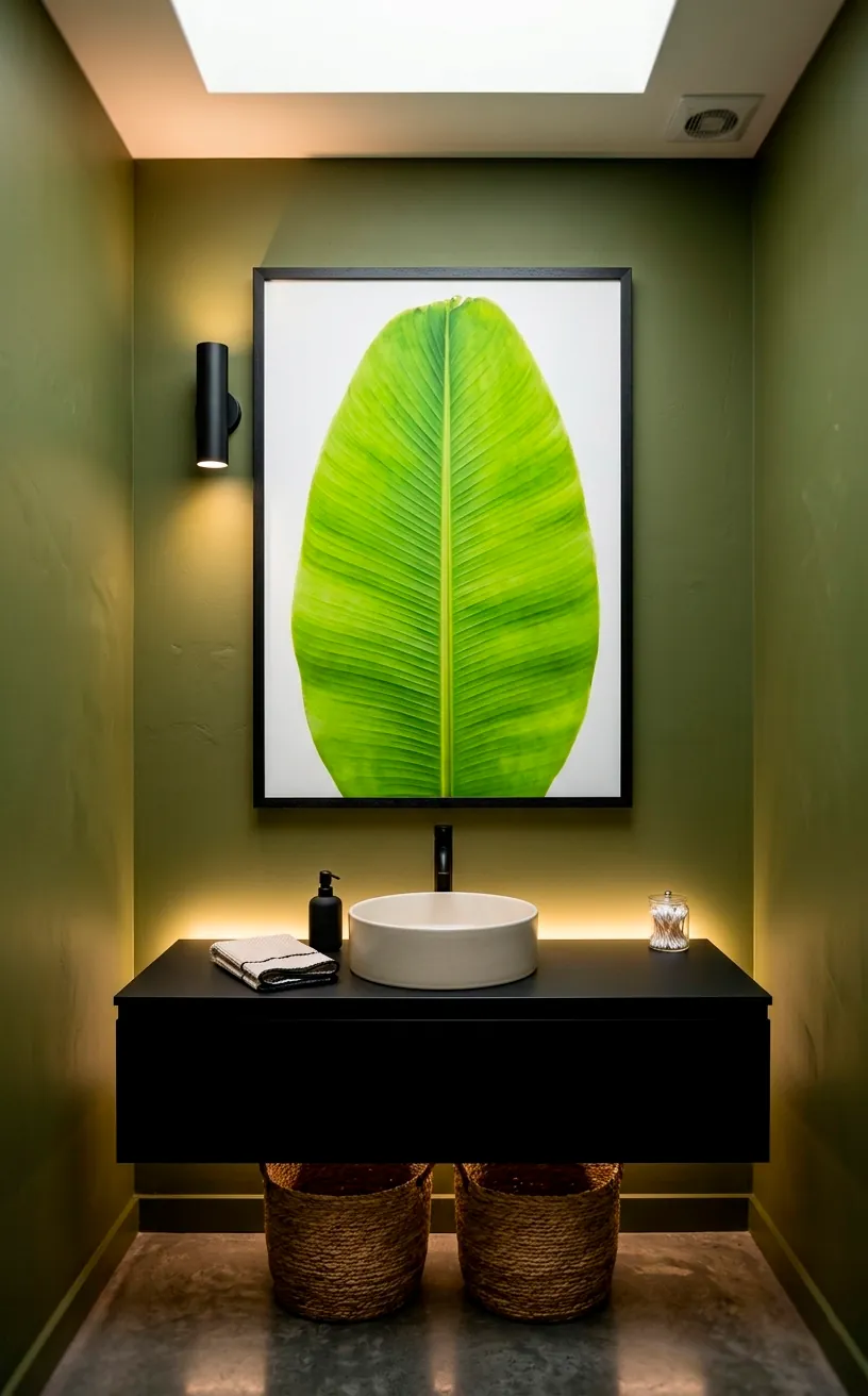 Large banana leaf botanical print in a black frame on an olive green wall.