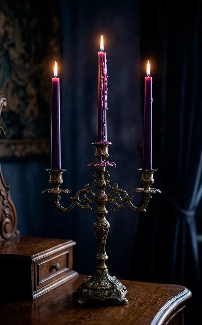 Three lit amethyst purple taper candles in a brass holder with melting wax drips.
