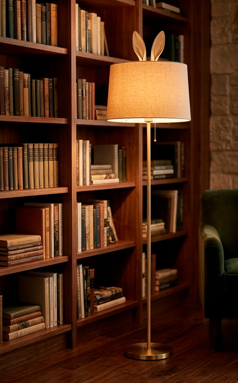 Gold bunny ear floor lamp standing next to a bookshelf in a cozy room.