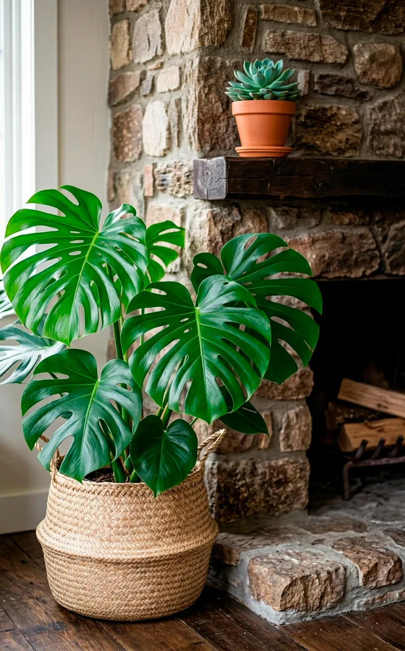 Lush Monstera plant in a basket next to a rustic stone fireplace hearth.