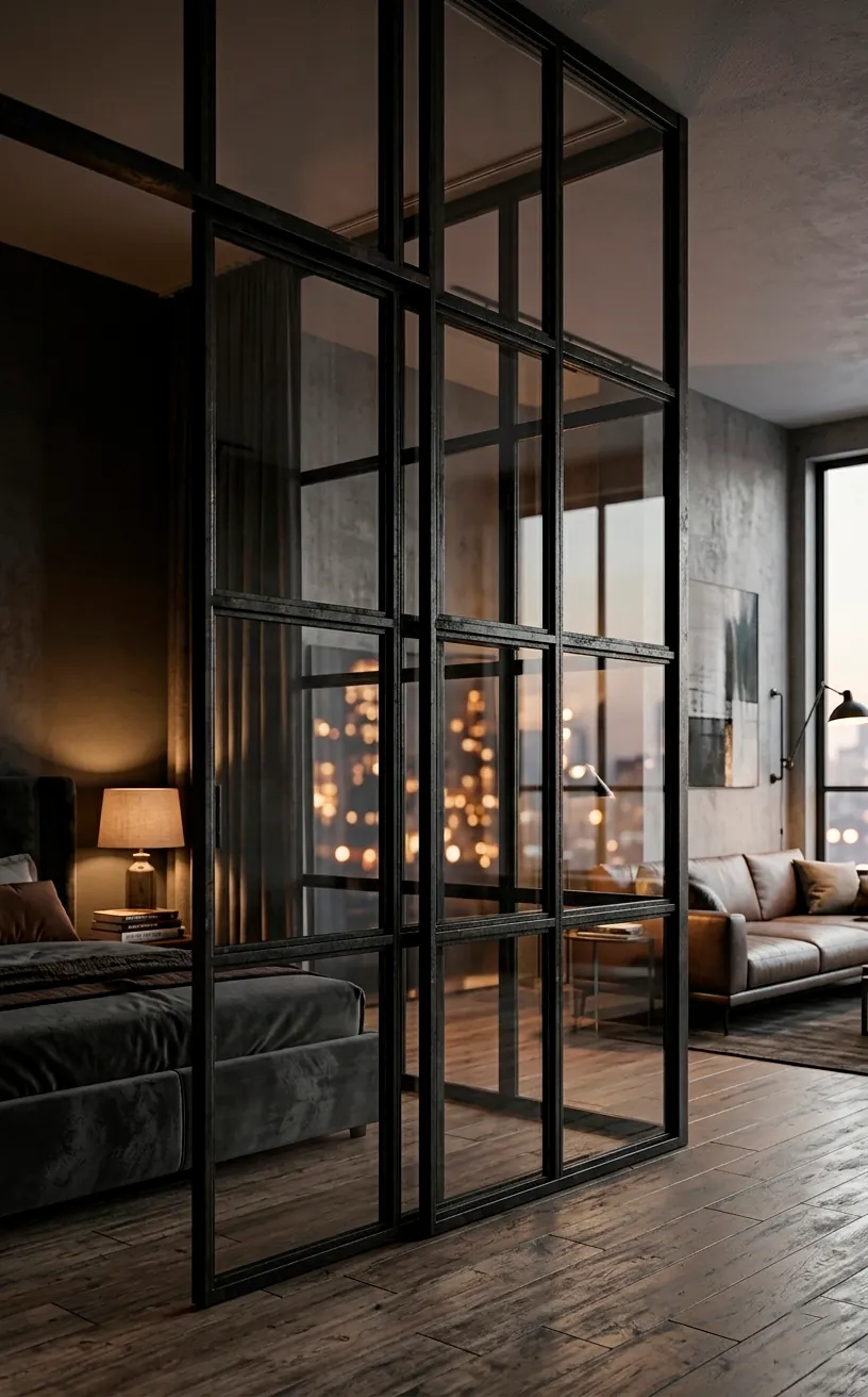 Blackened steel and glass room divider in a modern industrial loft.