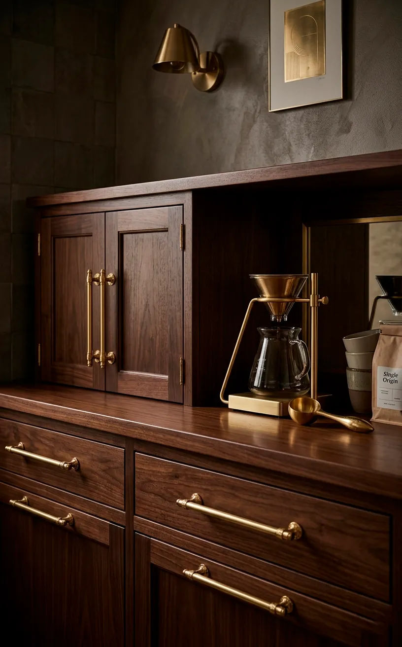 Dark walnut coffee station featuring luxury brushed brass hardware and gold accessories.