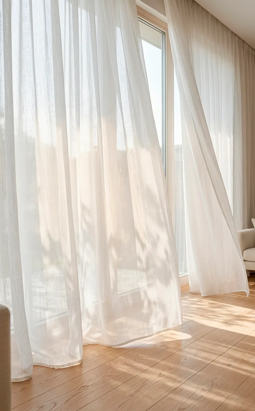 White linen curtains fluttering in the wind next to a bright window with soft spring light.