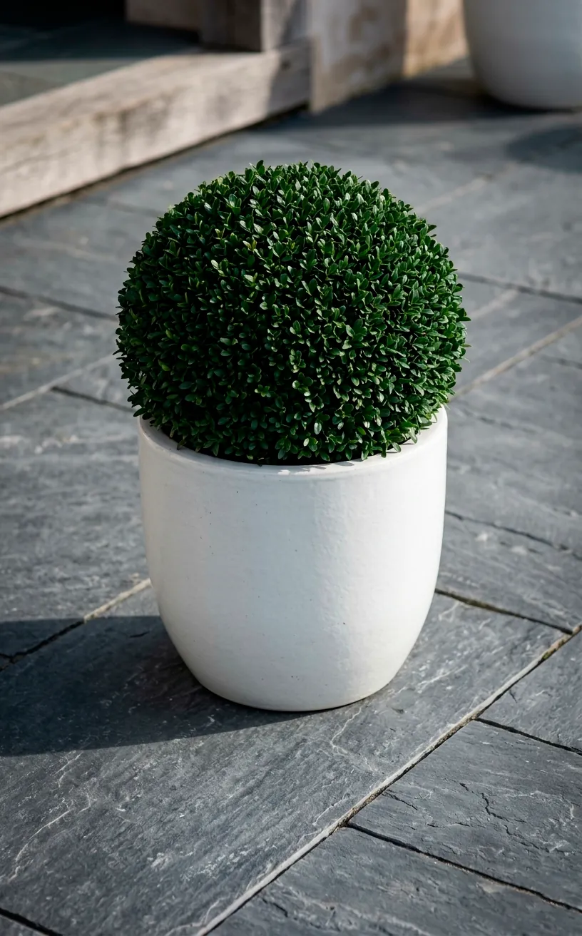 A matte white planter with a boxwood shrub on a dark slate patio.