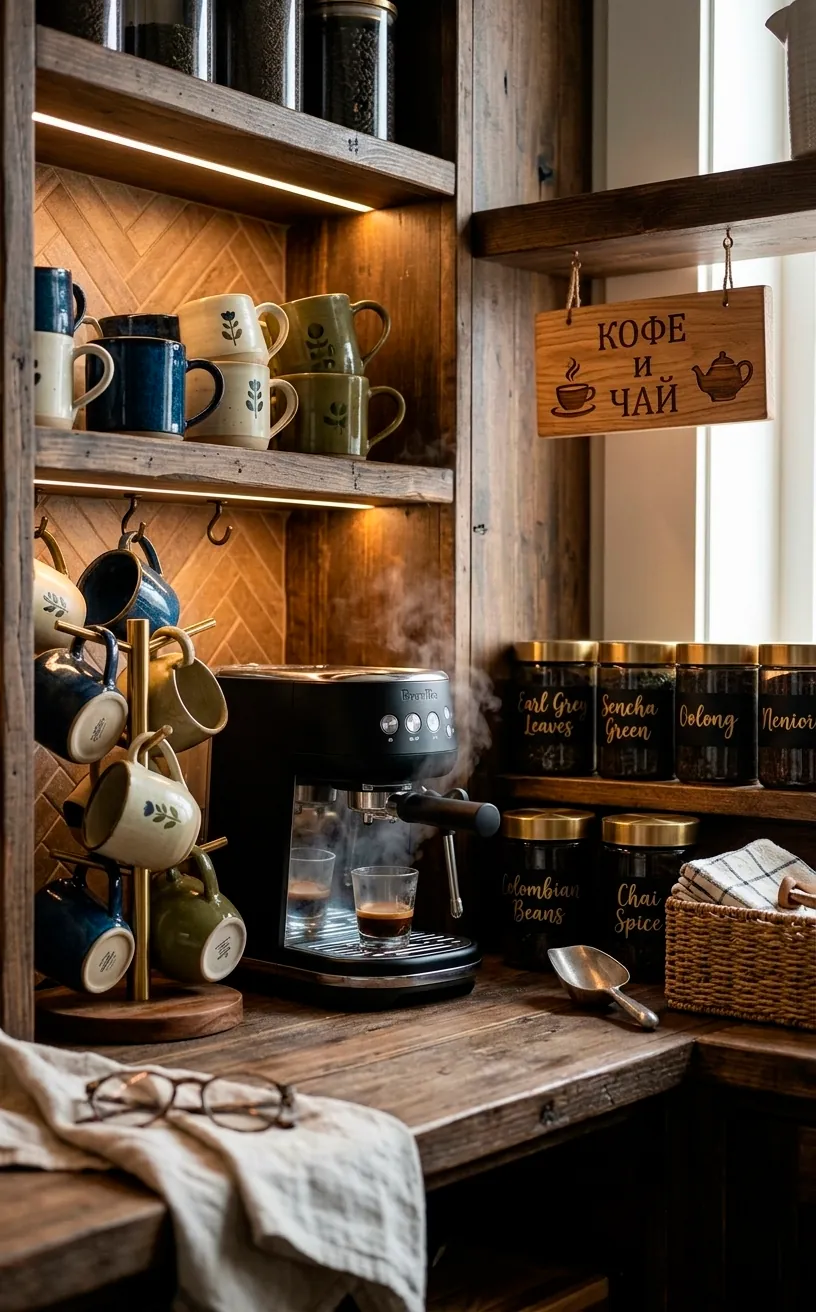 Cozy organized coffee and tea station within a kitchen pantry.
