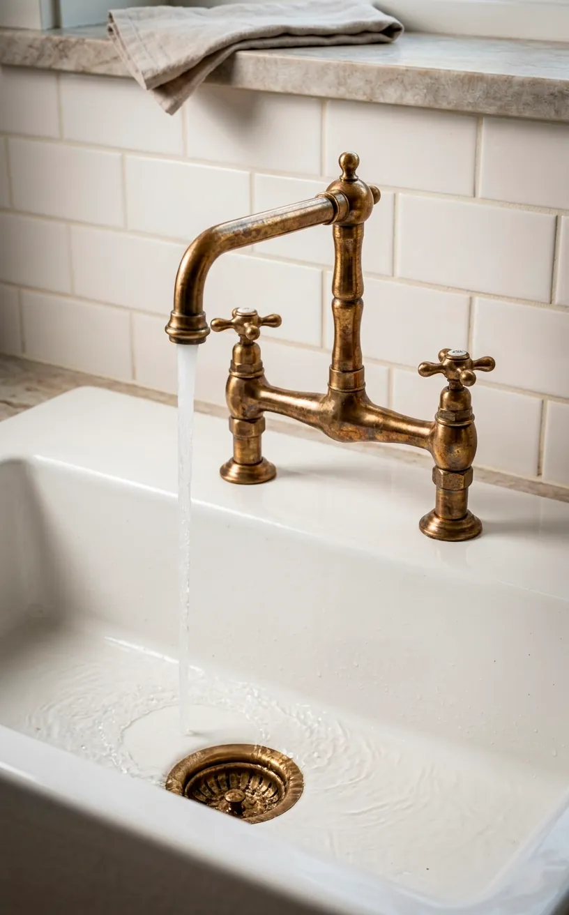 Elegant unlacquered brass bridge faucet on a white farmhouse sink with flowing water.