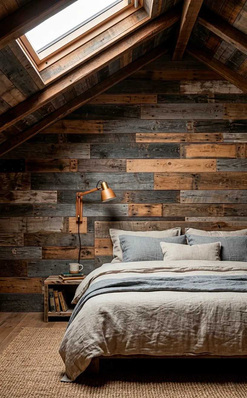 Sustainable pallet wood accent wall in a cozy attic loft bedroom.