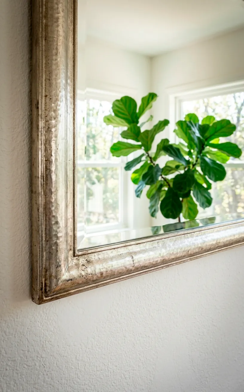 Detail of a gym mirror reflecting a potted plant and natural window light in a spare room.