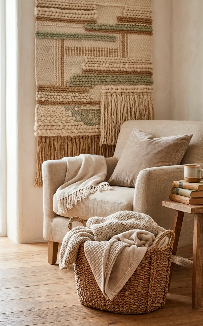 Texture-rich reading nook with seagrass baskets and linen upholstery.