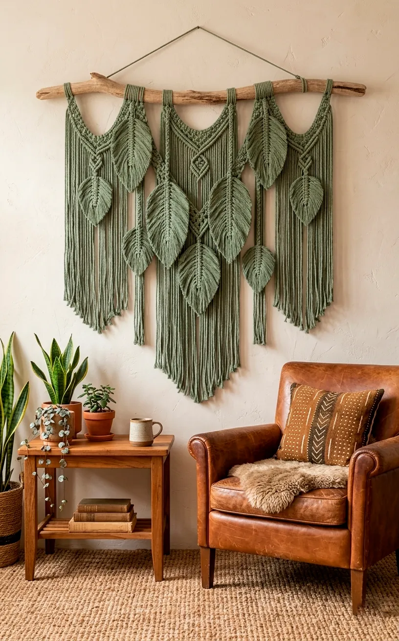 Sage green macramé leaf wall hanging on a driftwood branch in a boho living room.