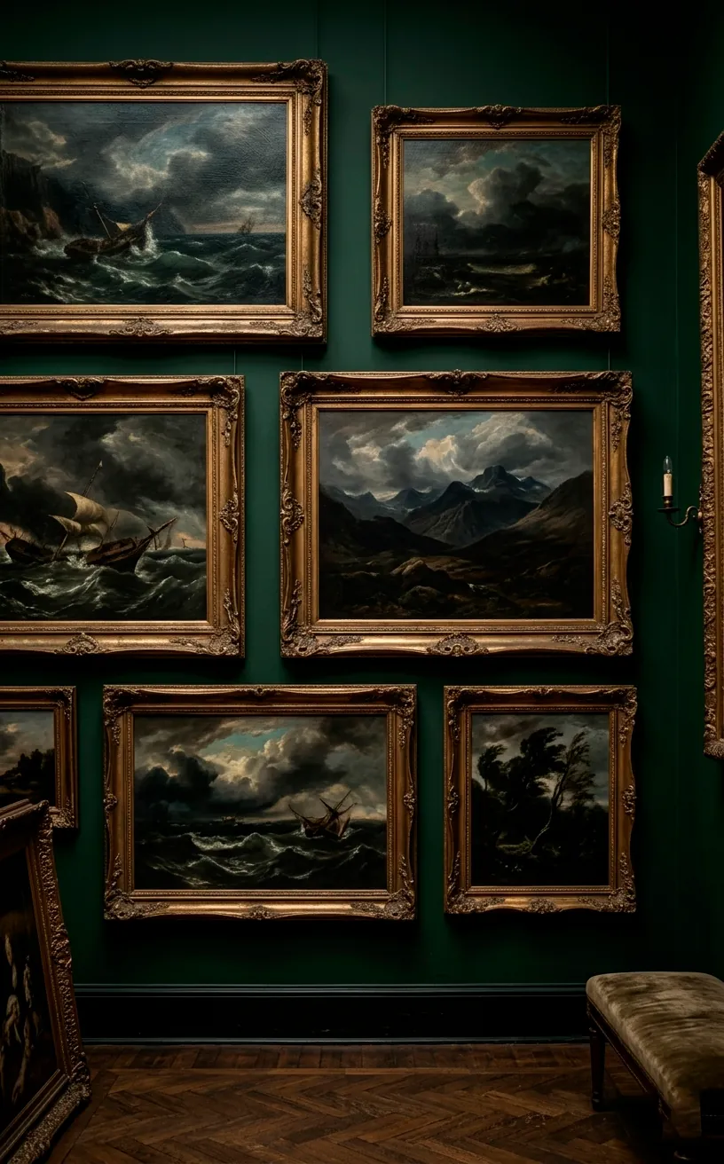 Vintage landscape oil paintings in ornate gold frames on a dark green wall.
