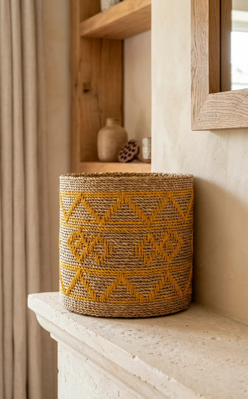 Woven basket with mustard yellow patterns on a stone mantle.