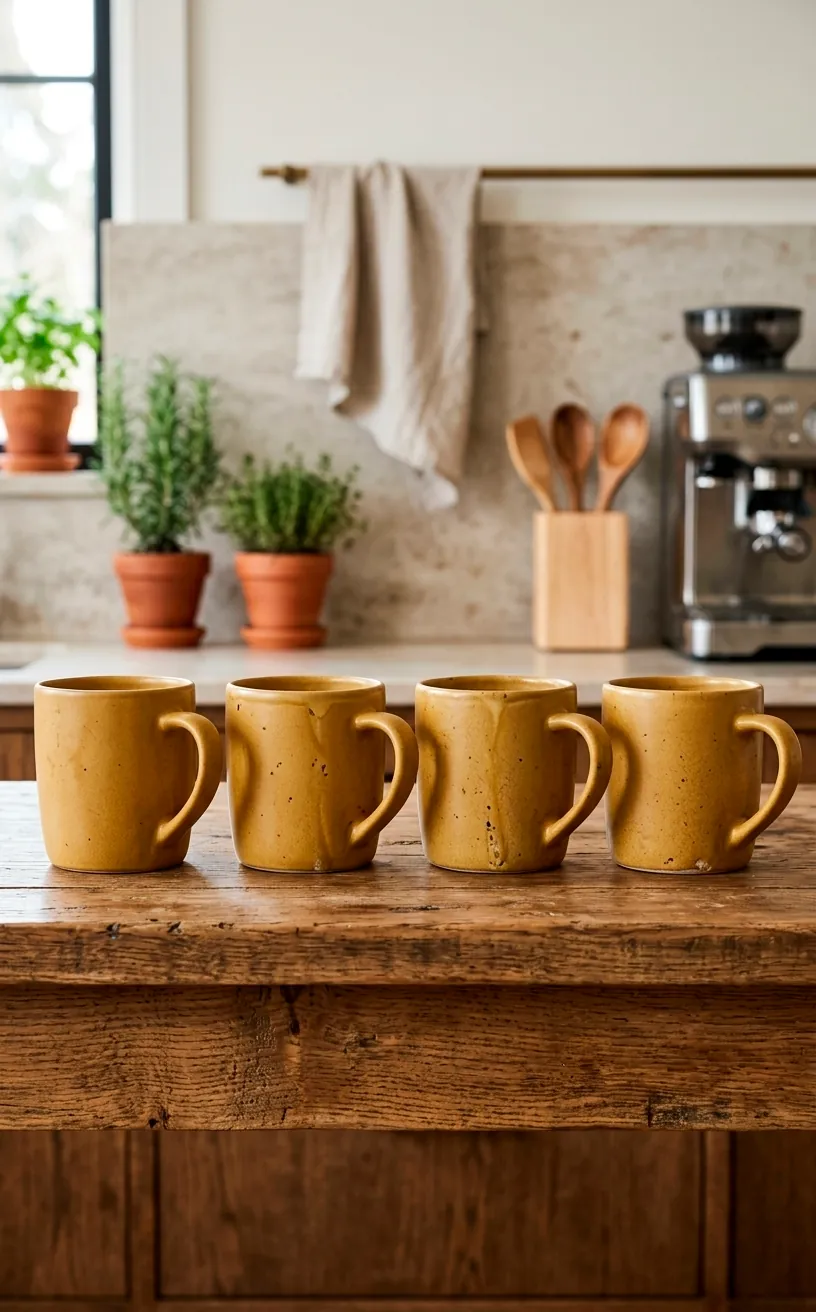 Set of four mustard yellow stoneware mugs on a rustic wooden kitchen shelf.