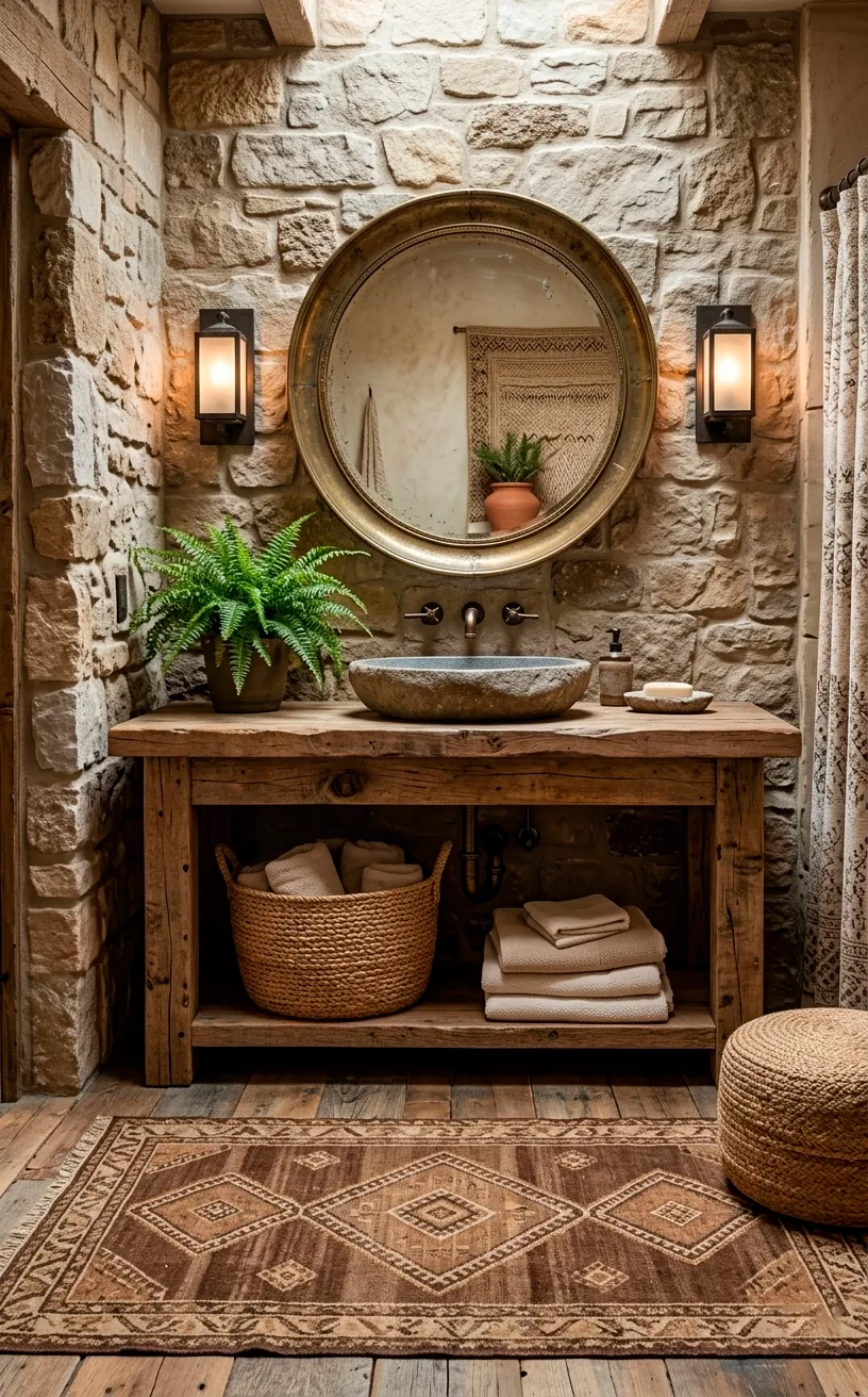 Brown and tan diamond medallion kilim rug in a rustic bathroom with stone walls and wood vanity.