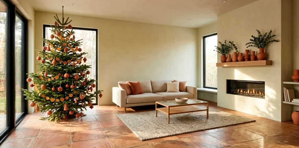 Modern Christmas living room with earthy terracotta ornaments and warm clay decor accents.
