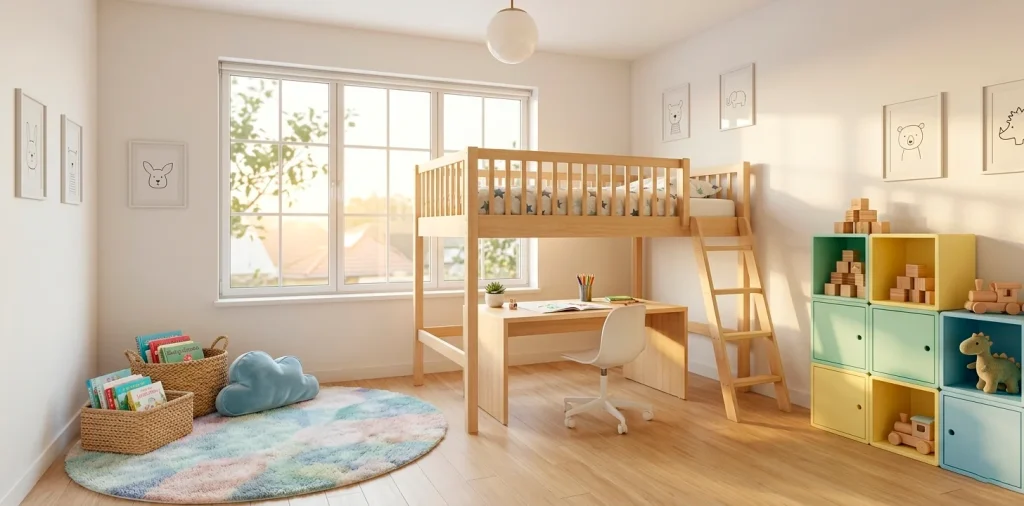 Wide view of a bright small kids bedroom with clever multipurpose furniture and loft bed storage.