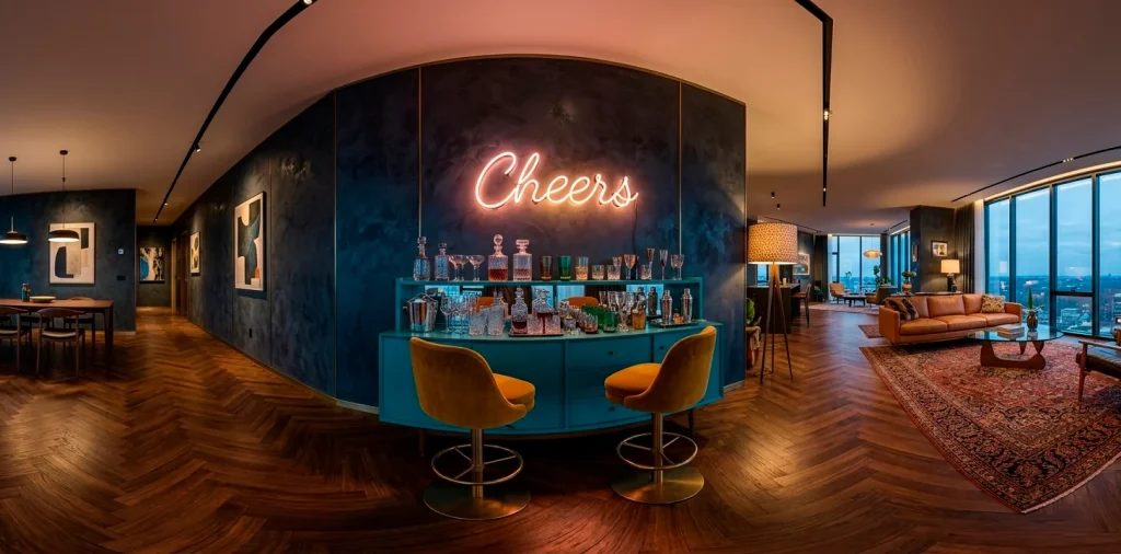 Luxurious retro home mini bar setup with teal credenza and neon sign in a mid-century modern living room.