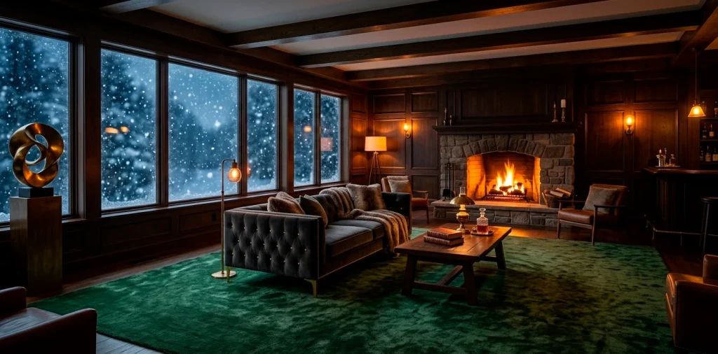 Large plush forest green rug in a moody winter living room with a roaring fireplace and dark decor.