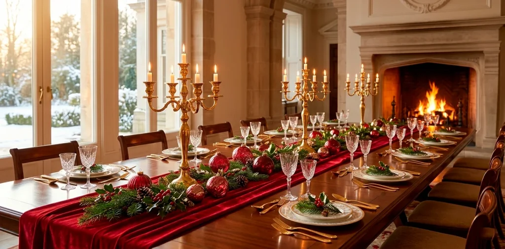 Luxurious holiday table setting featuring red velvet runners and gold candelabras in a cozy room.