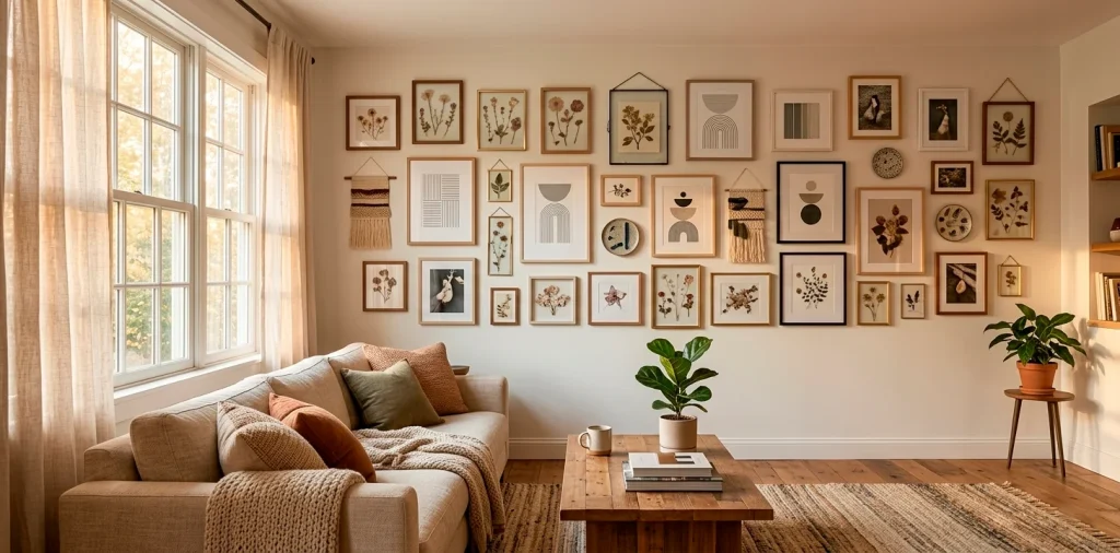 A beautiful bright living room displaying a variety of DIY wall art projects for Mother's Day inspiration.