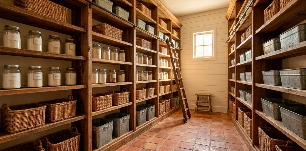 Wide horizontal view of an organized rustic farmhouse pantry with wooden shelves and woven baskets.