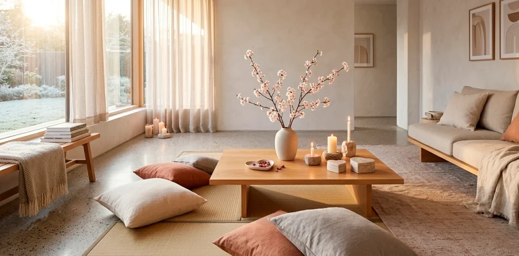 Minimalist Japandi Valentine's Day living room with neutral decor and warm candlelight for a cozy atmosphere.