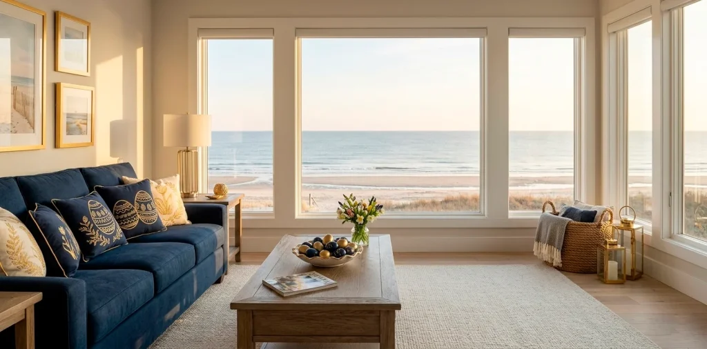 Luxury coastal living room with navy and gold Easter decor accents and beach view.