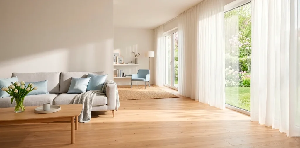 Bright spring living room featuring fresh pastel blue accents and natural sunlight 2:1 banner.