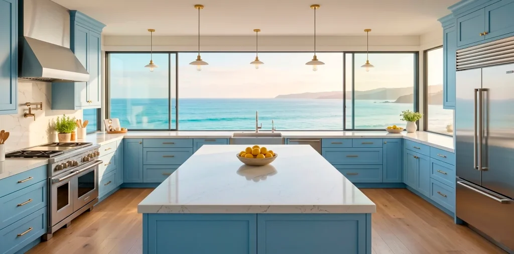 Wide panoramic view of a luxury coastal kitchen with sky blue cabinets and ocean views.
