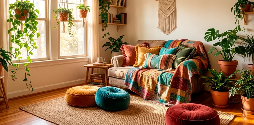Wide shot of a sunlit boho reading nook featuring layered colorful textiles, plants, and cozy seating arrangements.