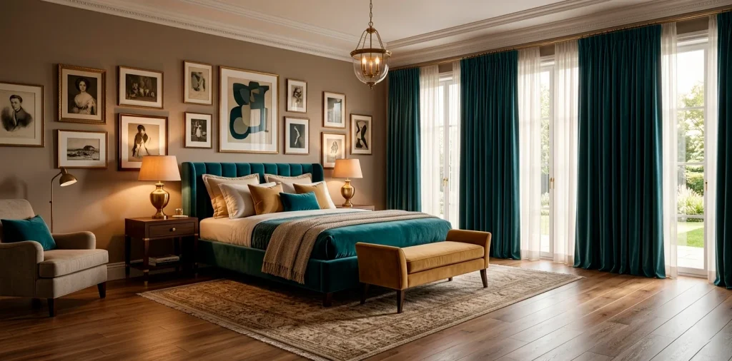 Luxurious guest bedroom featuring teal velvet furniture and sophisticated decor elements.