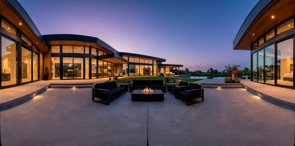 Large minimalist concrete patio with modern furniture and linear fire pit at dusk.