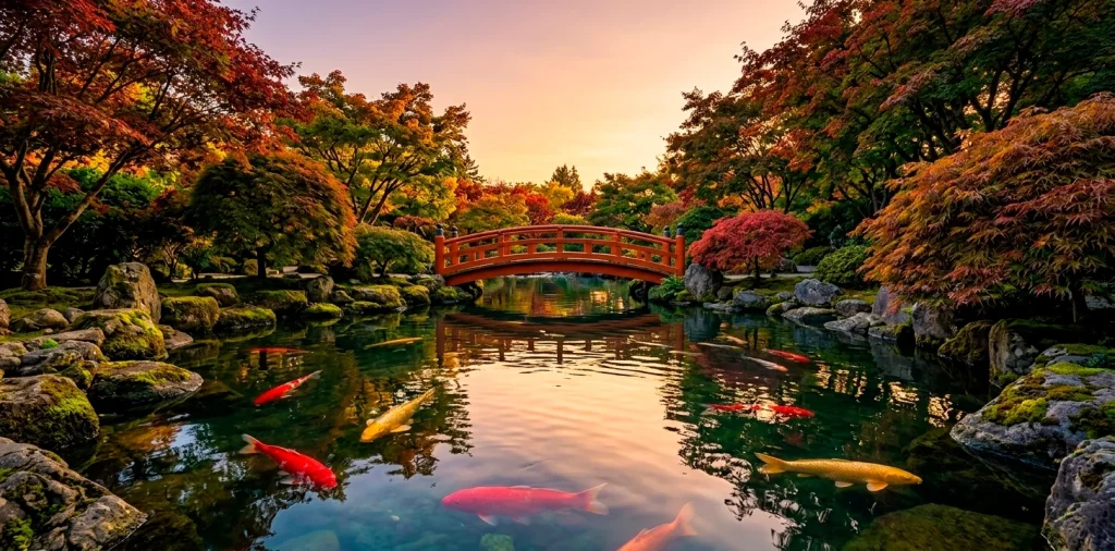 Cinematic wide shot of a serene backyard koi pond featuring vibrant red and gold fish and a traditional bridge.