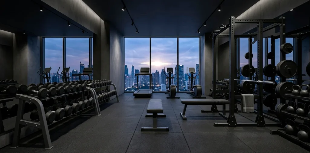 Wide landscape of a modern monochrome home gym with matte black and charcoal equipment and city views.