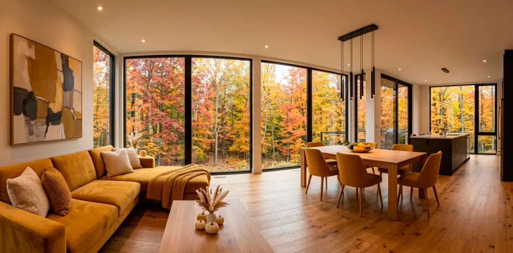 Wide panoramic interior of a modern home with 20 mustard yellow fall decor accents and autumn views.