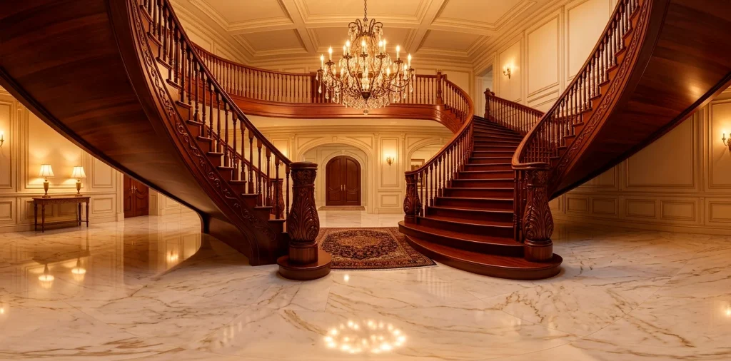 Grand traditional staircase with intricate hand-carved mahogany wood details in a luxurious sunlit foyer.