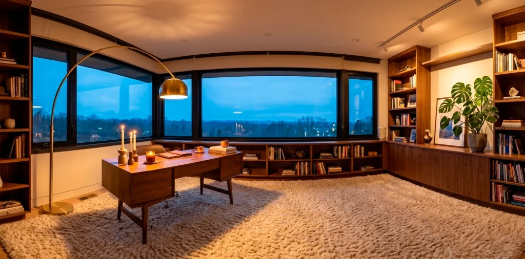 A cozy home office featuring a plush cream rug, warm brass lighting, and a walnut desk at twilight.